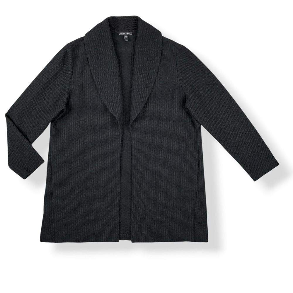 Eileen Fisher Blazer Women Large Black Long Sleeve Open Collar Longline Textured